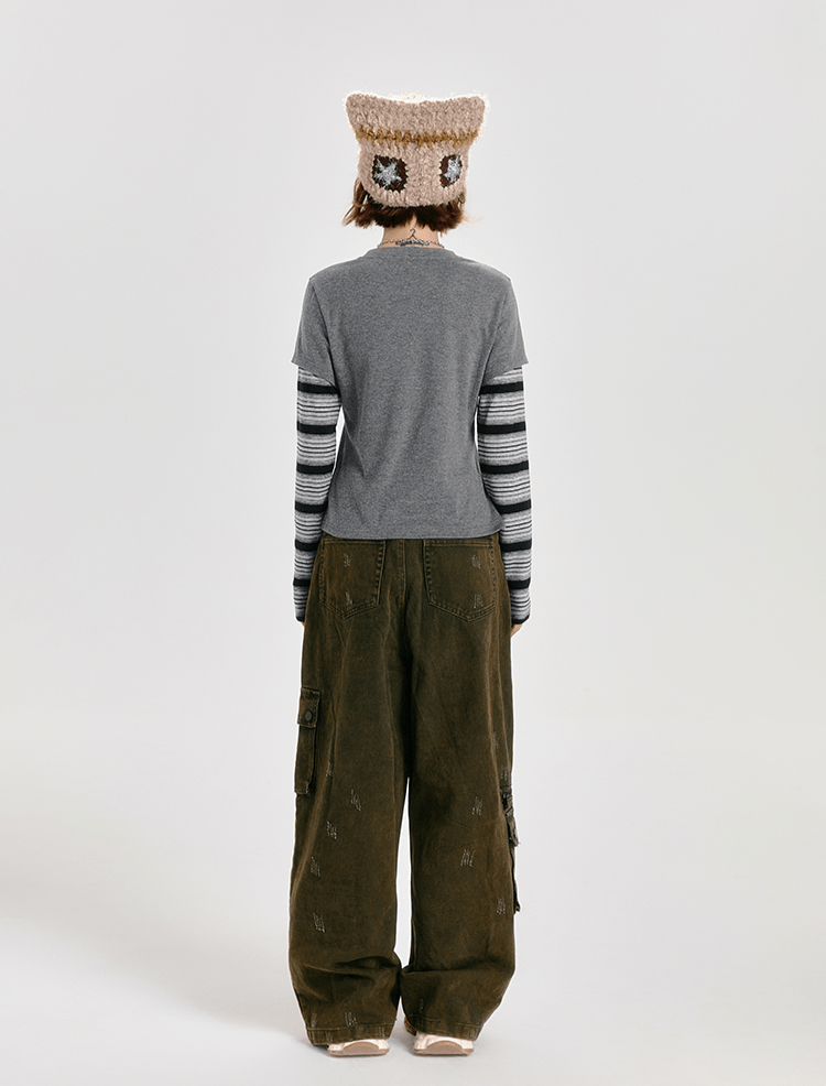 Retro Faux Layered Heart Print Striped Long Sleeve T-Shirt - COPPING THREADS - CT Select