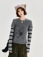 Retro Faux Layered Heart Print Striped Long Sleeve T-Shirt - COPPING THREADS - CT Select