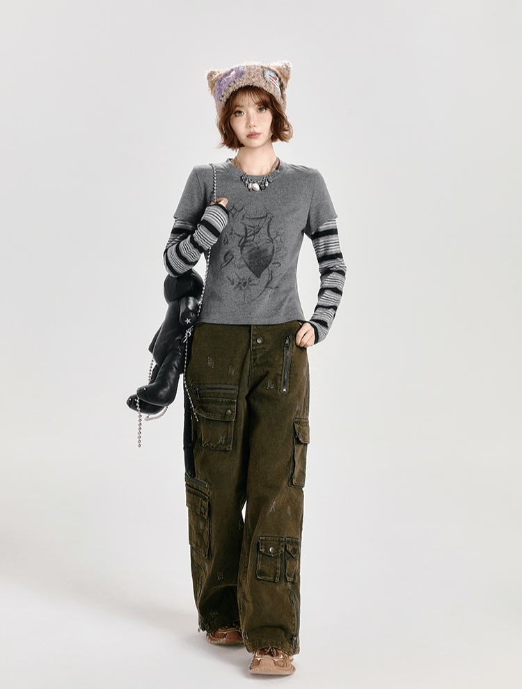 Retro Faux Layered Heart Print Striped Long Sleeve T-Shirt - COPPING THREADS - CT Select