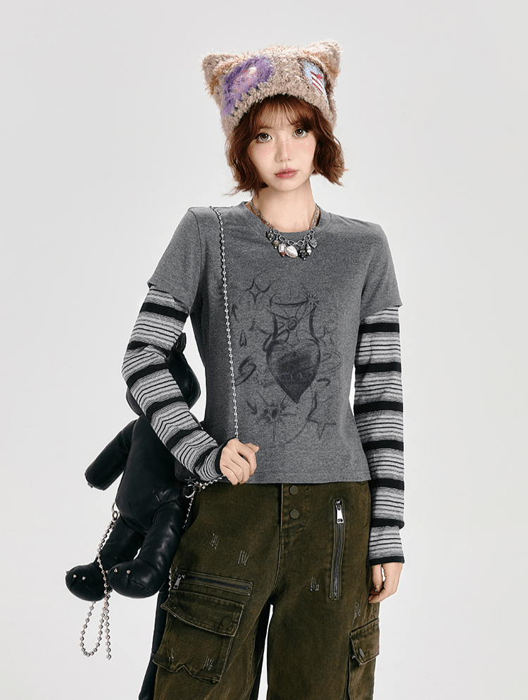 Retro Faux Layered Heart Print Striped Long Sleeve T-Shirt - COPPING THREADS - CT Select