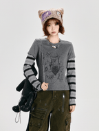 Retro Faux Layered Heart Print Striped Long Sleeve T-Shirt - COPPING THREADS - CT Select