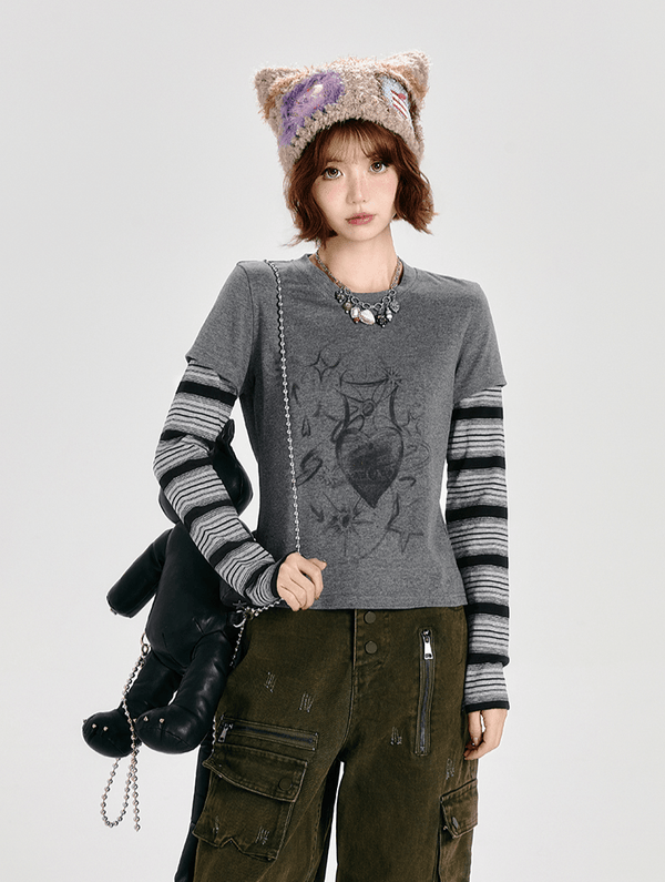 Retro Faux Layered Heart Print Striped Long Sleeve T-Shirt - COPPING THREADS - CT Select
