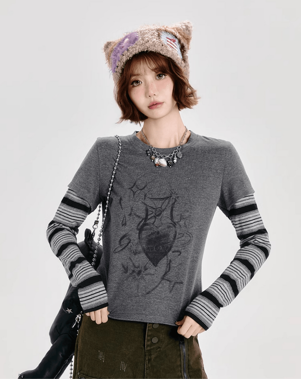 Retro Faux Layered Heart Print Striped Long Sleeve T-Shirt - COPPING THREADS - CT Select