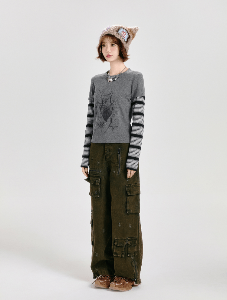 Retro Faux Layered Heart Print Striped Long Sleeve T-Shirt - COPPING THREADS - CT Select