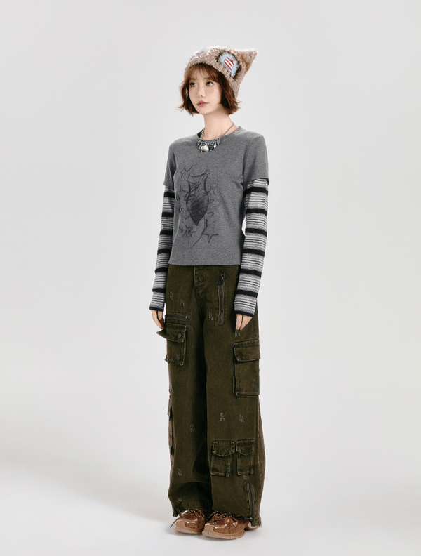 Retro Faux Layered Heart Print Striped Long Sleeve T-Shirt - COPPING THREADS - CT Select