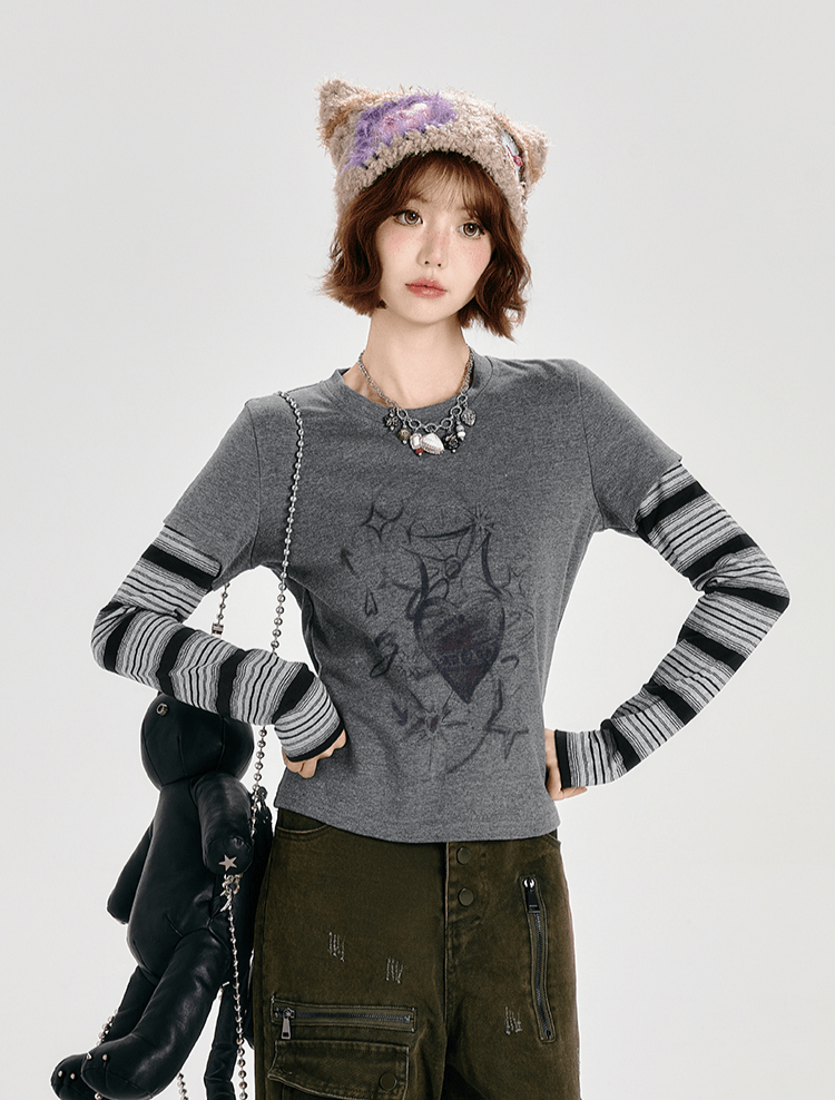 Retro Faux Layered Heart Print Striped Long Sleeve T-Shirt - COPPING THREADS - CT Select