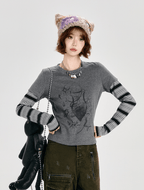 Retro Faux Layered Heart Print Striped Long Sleeve T-Shirt - COPPING THREADS - CT Select