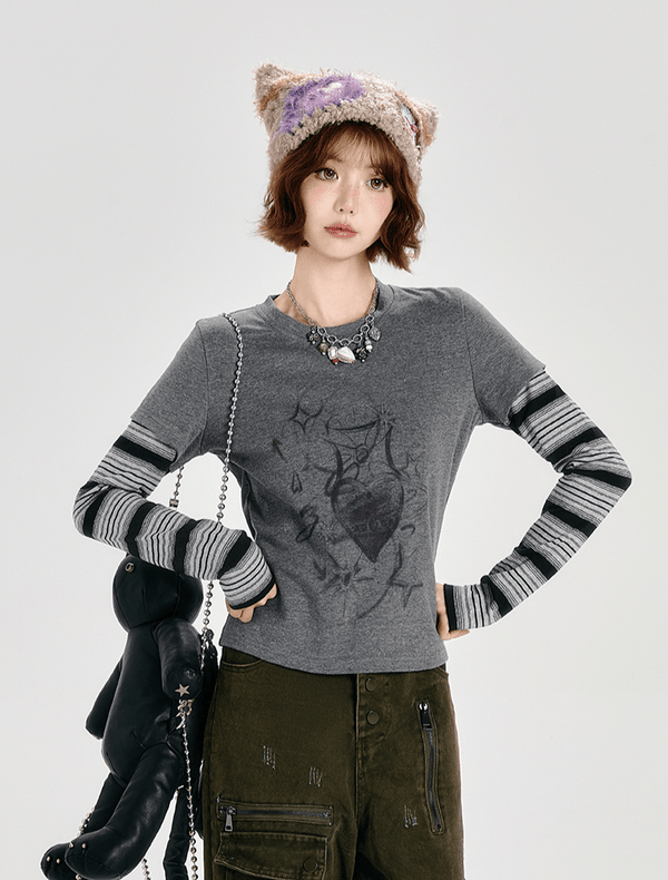Retro Faux Layered Heart Print Striped Long Sleeve T-Shirt - COPPING THREADS - CT Select