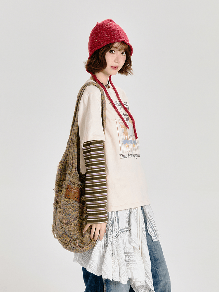 Retro Faux Layered Striped Graphic Long Sleeve Tee - COPPING THREADS - CT Select