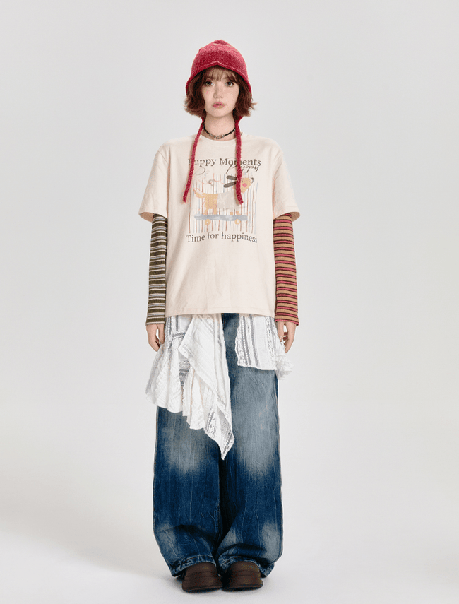 Retro Faux Layered Striped Graphic Long Sleeve Tee - COPPING THREADS - CT Select Hover Image