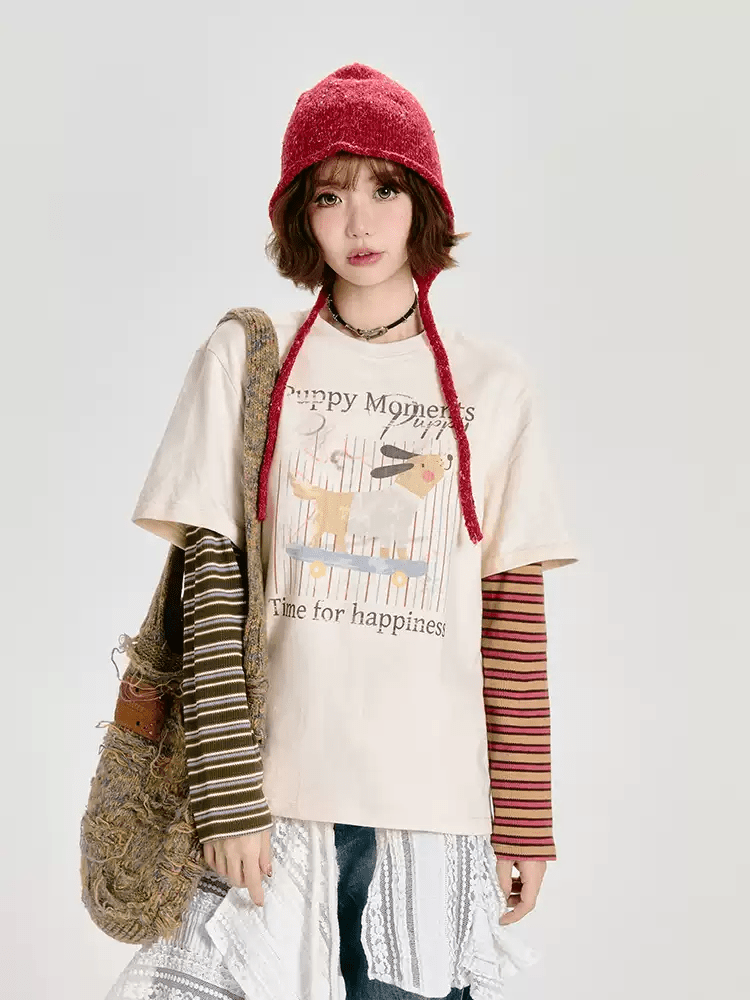 Retro Faux Layered Striped Graphic Long Sleeve Tee - COPPING THREADS - CT Select