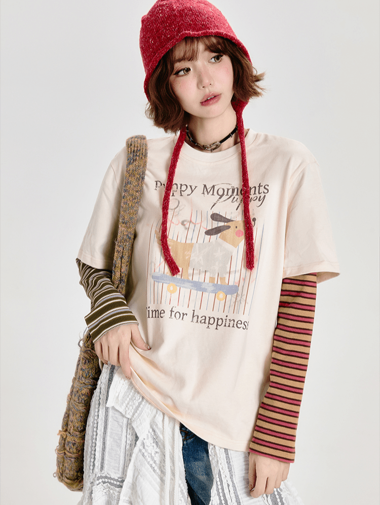 Retro Faux Layered Striped Graphic Long Sleeve Tee - COPPING THREADS - CT Select