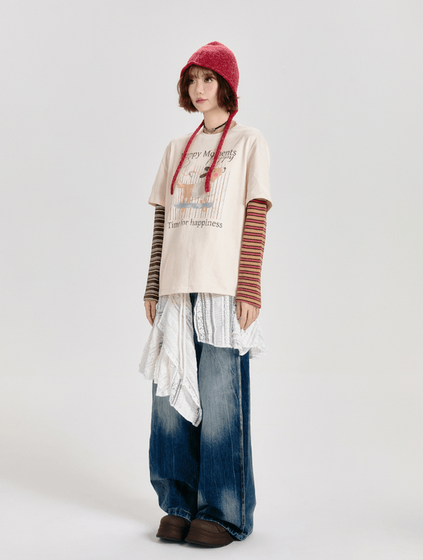 Retro Faux Layered Striped Graphic Long Sleeve Tee - COPPING THREADS - CT Select