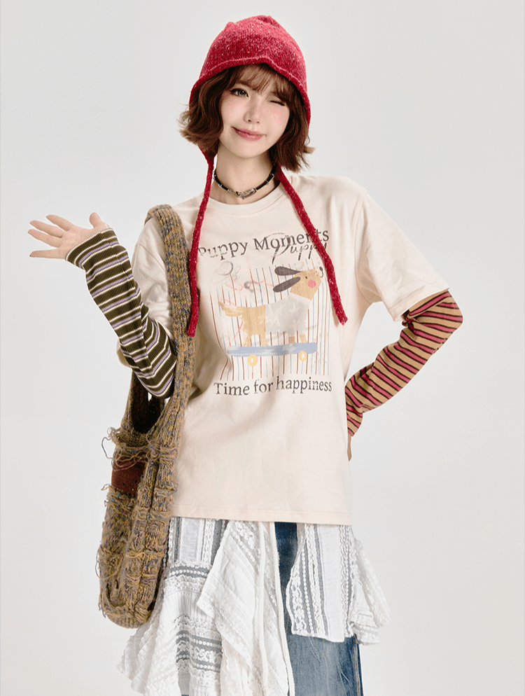 Retro Faux Layered Striped Graphic Long Sleeve Tee - COPPING THREADS - CT Select