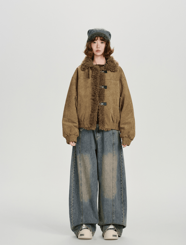 Retro Faux Suede Sherpa Panel Puffer Jacket Main Image