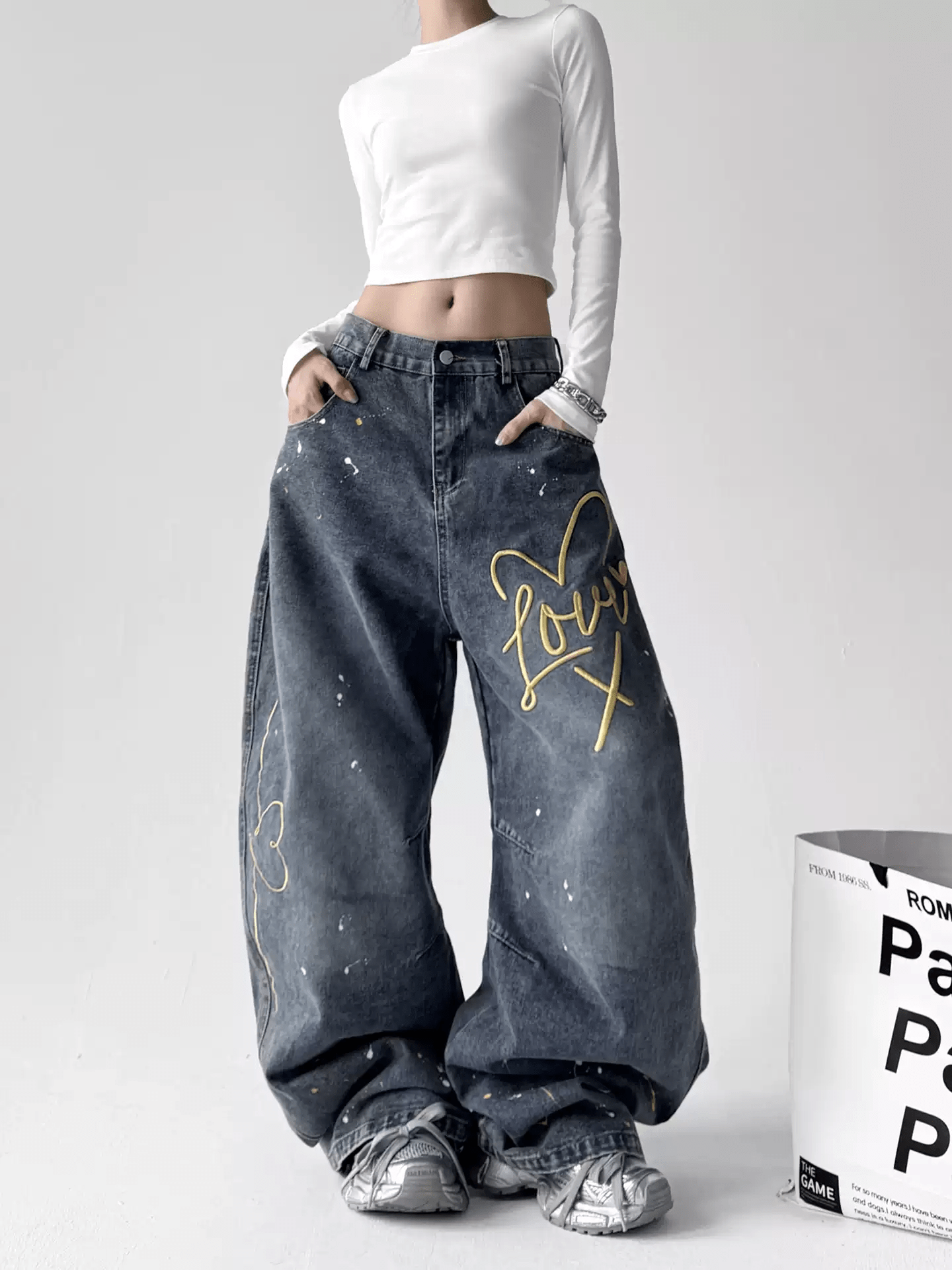 Retro Graffiti Heart Print Wide - Leg Jeans - COPPING THREADS - CT Select