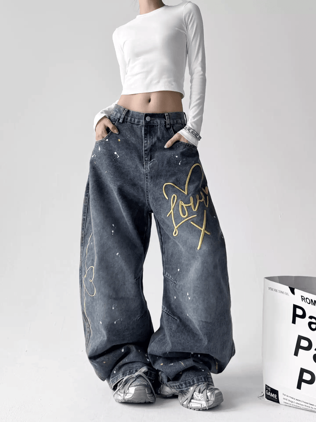 Retro Graffiti Heart Print Wide - Leg Jeans - COPPING THREADS - CT Select Hover Image