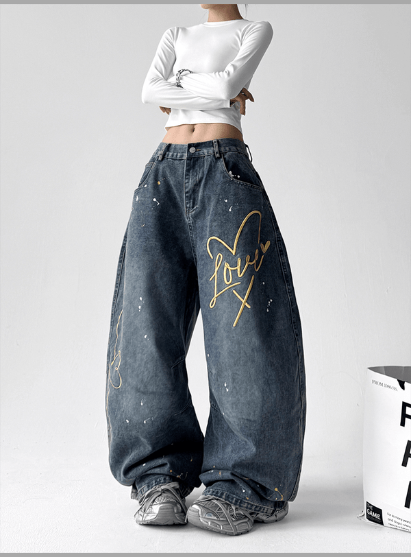 Retro Graffiti Heart Print Wide - Leg Jeans - COPPING THREADS - CT Select