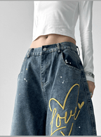 Retro Graffiti Heart Print Wide - Leg Jeans - COPPING THREADS - CT Select