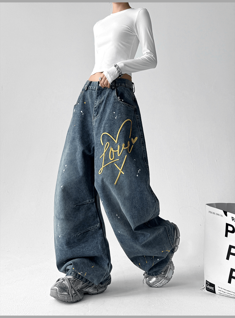 Retro Graffiti Heart Print Wide - Leg Jeans - COPPING THREADS - CT Select