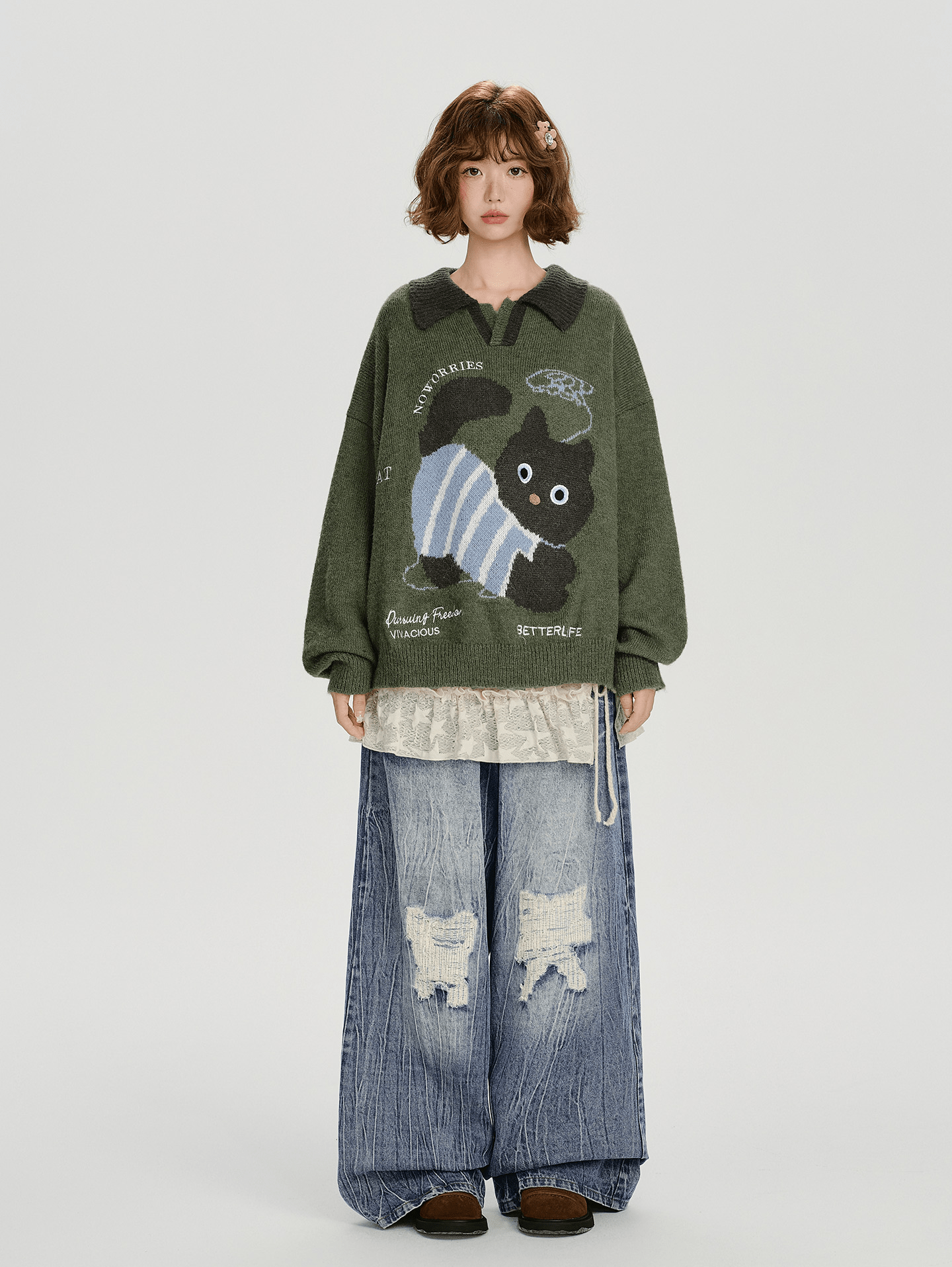 Retro Graphic Cat Jacquard Knit Sweater - COPPING THREADS - CHICISLAND