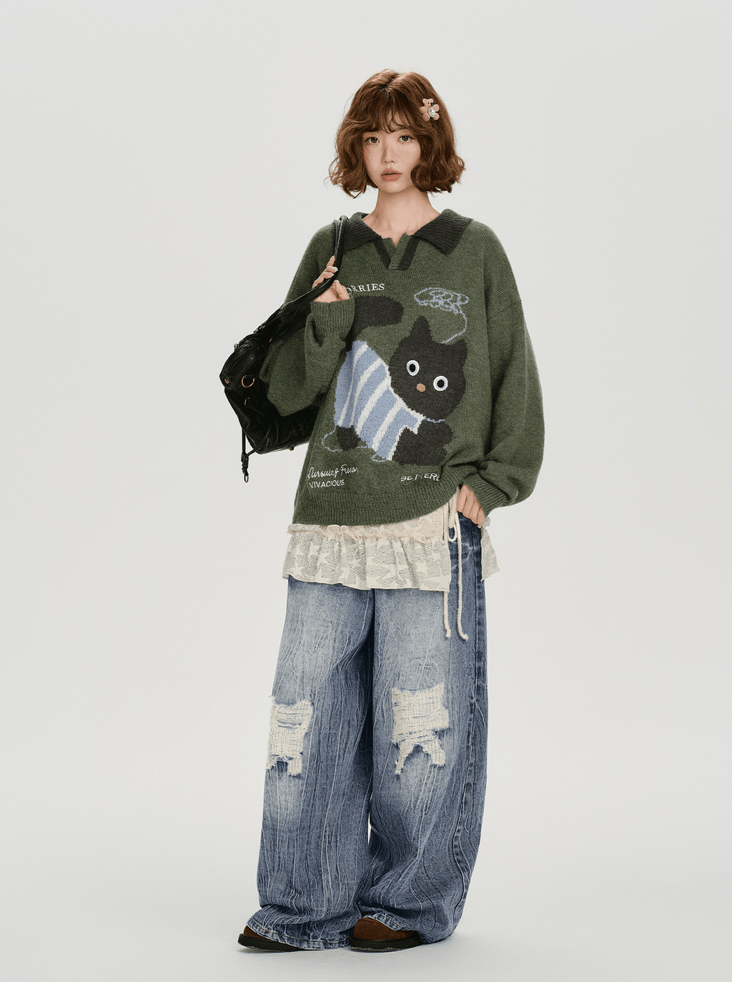 Retro Graphic Cat Jacquard Knit Sweater - COPPING THREADS - CHICISLAND