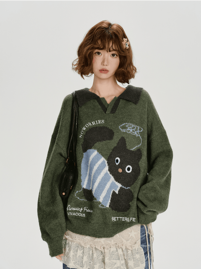 Retro Graphic Cat Jacquard Knit Sweater - COPPING THREADS - CHICISLAND Hover Image