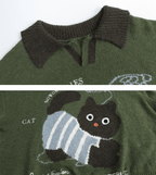 Retro Graphic Cat Jacquard Knit Sweater - COPPING THREADS - CHICISLAND