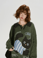 Retro Graphic Cat Jacquard Knit Sweater - COPPING THREADS - CHICISLAND