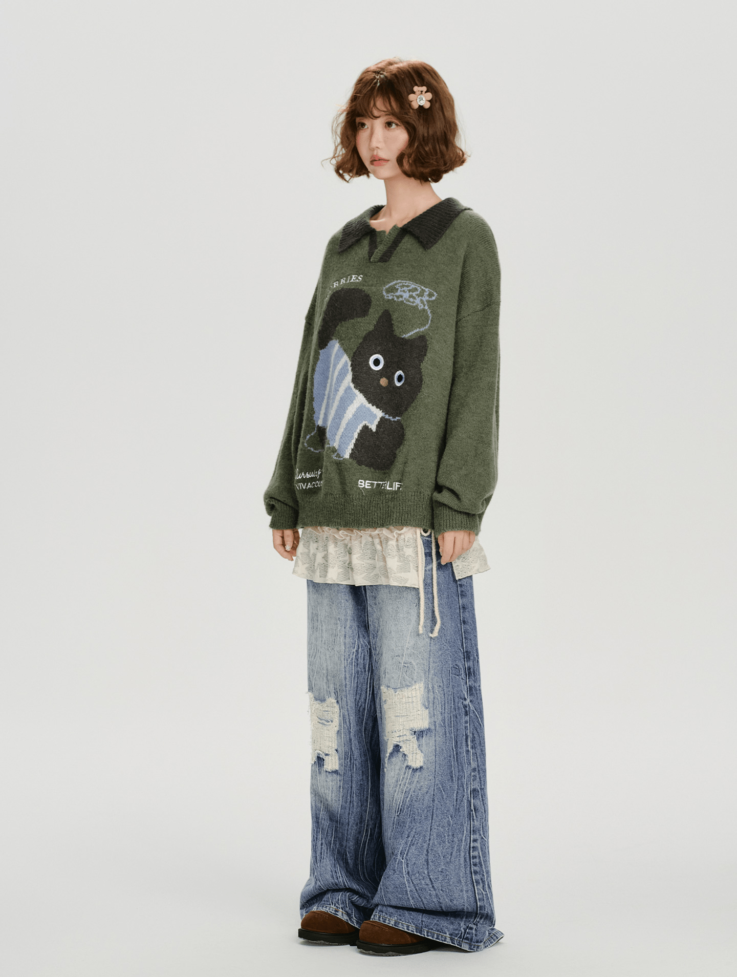 Retro Graphic Cat Jacquard Knit Sweater - COPPING THREADS - CHICISLAND