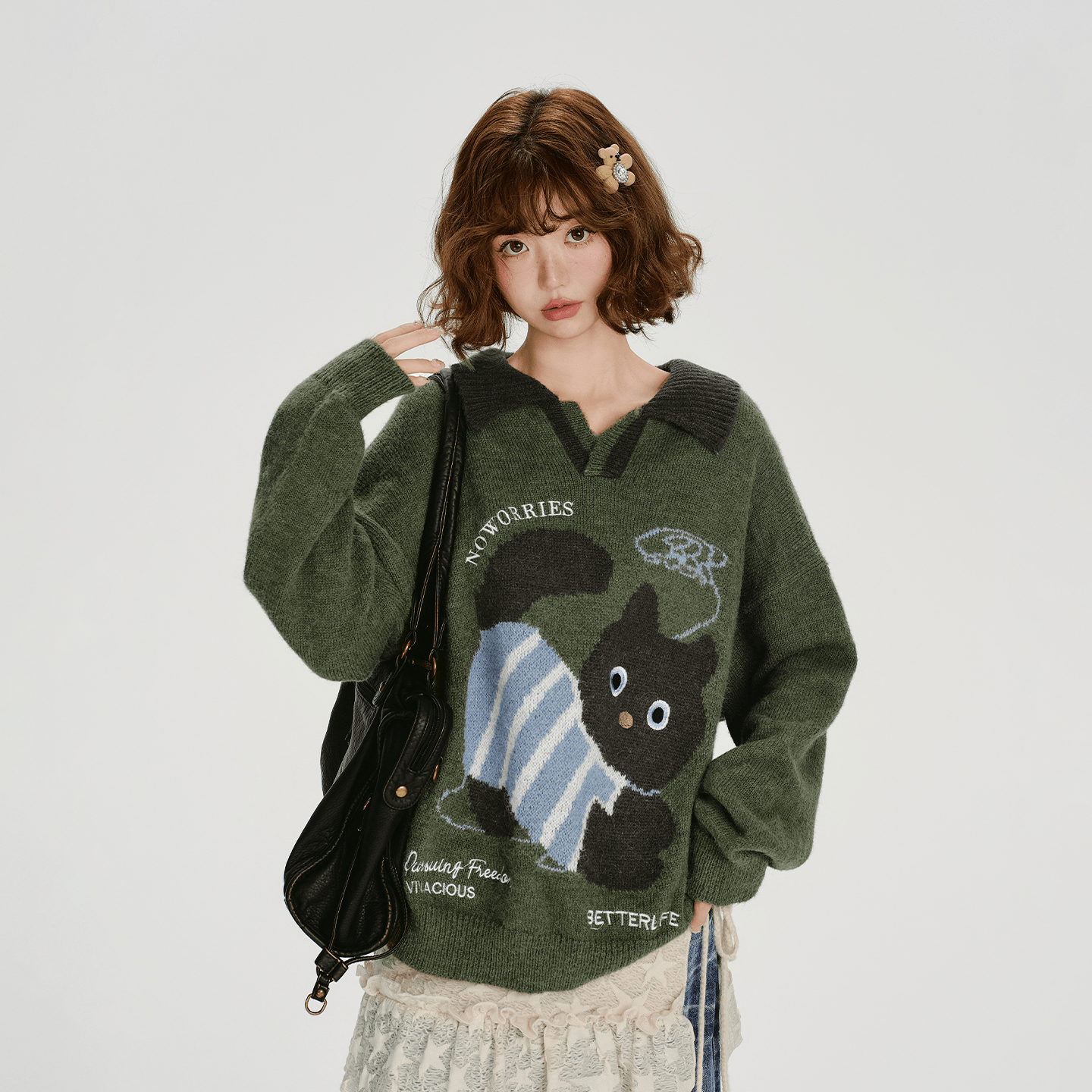 Retro Graphic Cat Jacquard Knit Sweater - COPPING THREADS - CHICISLAND