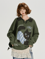 Retro Graphic Cat Jacquard Knit Sweater - COPPING THREADS - CHICISLAND