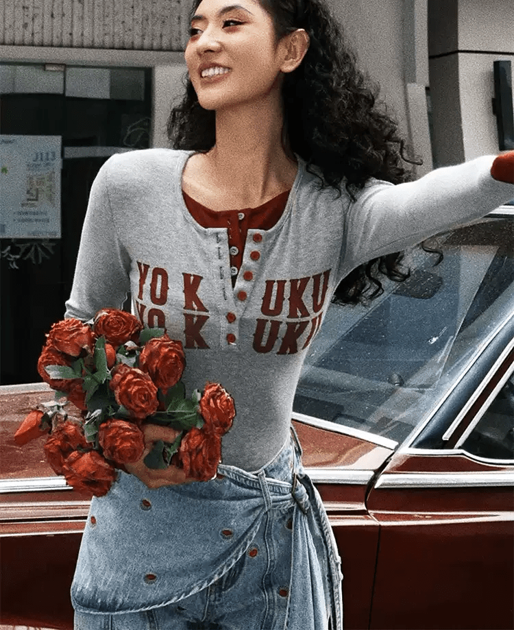 Retro Graphic Letter Print Long Sleeve Tee - COPPING THREADS - Yokuku