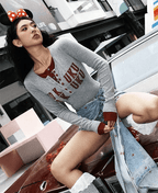 Retro Graphic Letter Print Long Sleeve Tee - COPPING THREADS - Yokuku