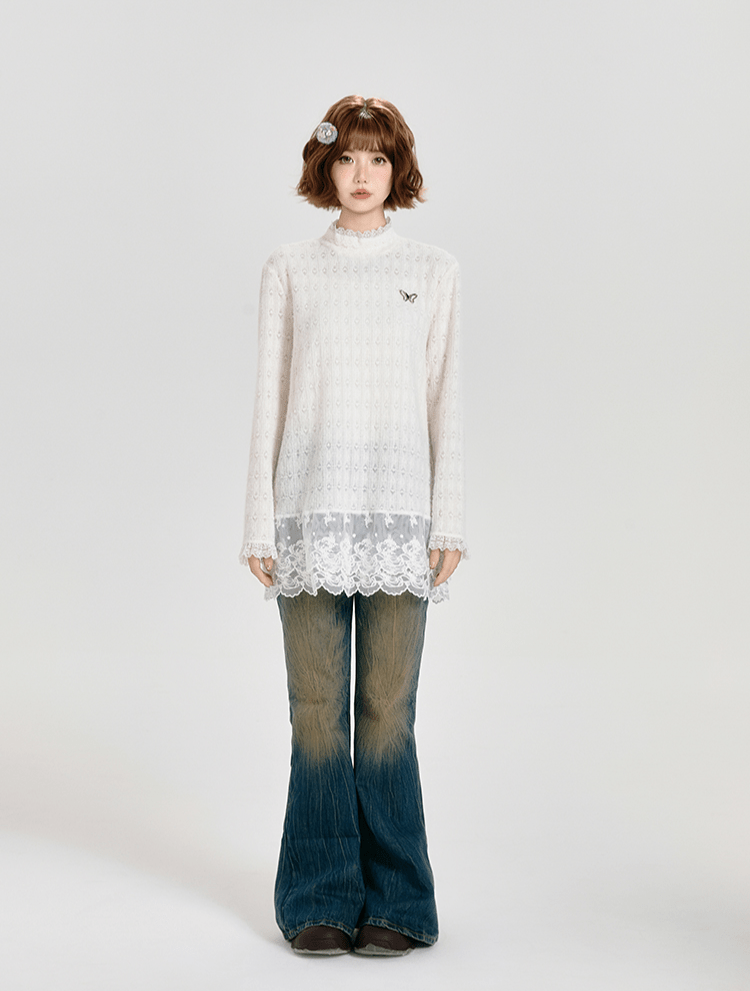 Retro Lace Panel Peplum Long Sleeve Blouse - COPPING THREADS - CT Select