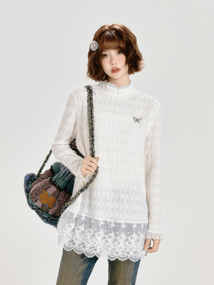 Retro Lace Panel Peplum Long Sleeve Blouse - COPPING THREADS - CT Select