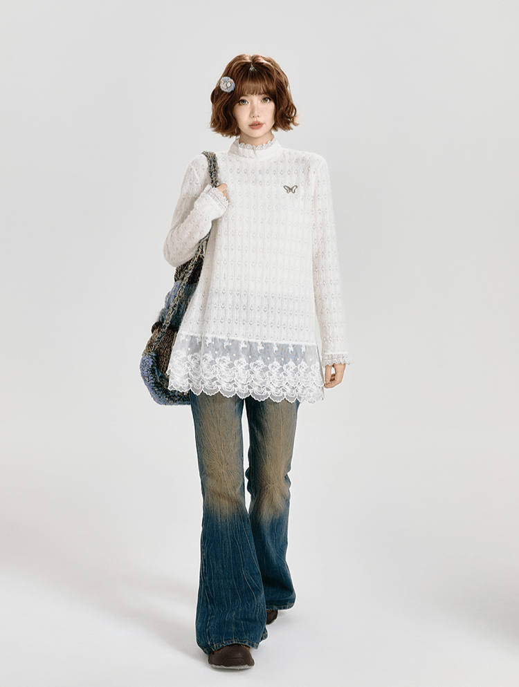 Retro Lace Panel Peplum Long Sleeve Blouse - COPPING THREADS - CT Select