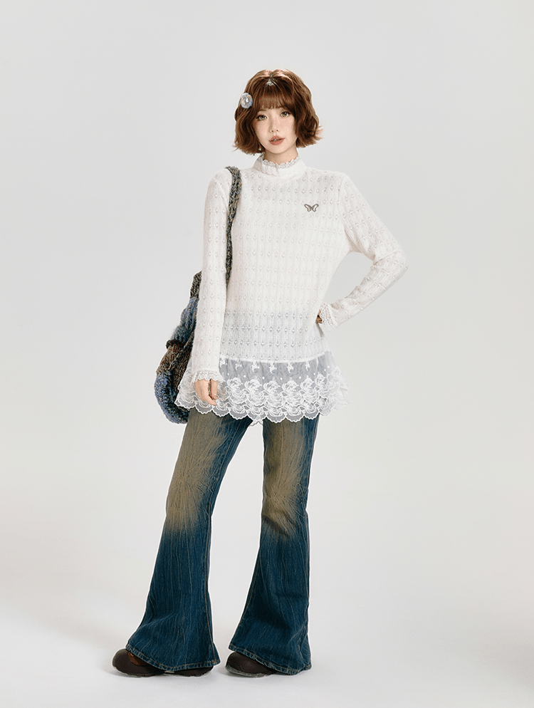 Retro Lace Panel Peplum Long Sleeve Blouse - COPPING THREADS - CT Select