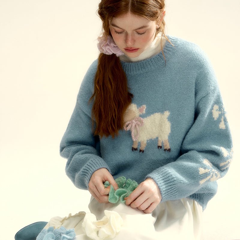 Retro Lamb Pattern Round Neck Knit Sweater - COPPING THREADS - CHICISLAND