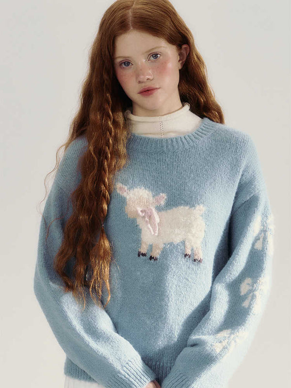 Retro Lamb Pattern Round Neck Knit Sweater - COPPING THREADS - CHICISLAND