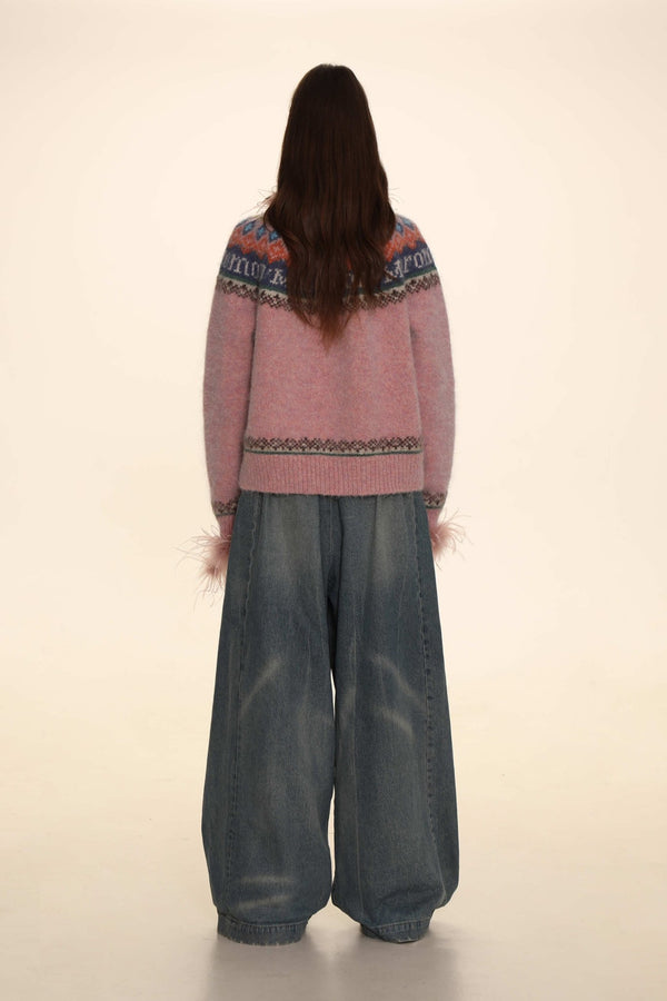 Retro Ostrich Feather Patchwork Round Neck Knitted Cardigan - COPPING THREADS - MOROMORO