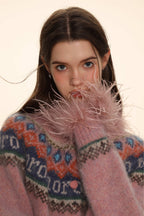 Retro Ostrich Feather Patchwork Round Neck Knitted Cardigan - COPPING THREADS - MOROMORO