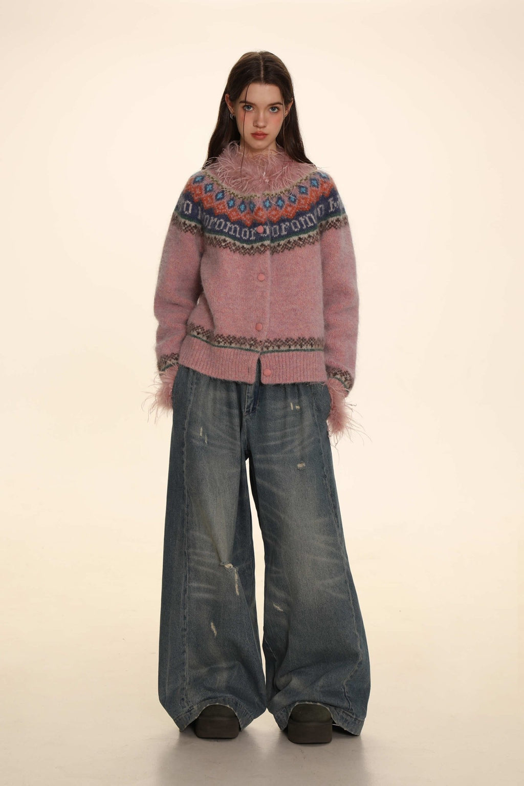 Retro Ostrich Feather Patchwork Round Neck Knitted Cardigan - COPPING THREADS - MOROMORO