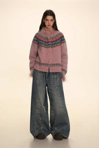 Retro Ostrich Feather Patchwork Round Neck Knitted Cardigan - COPPING THREADS - MOROMORO