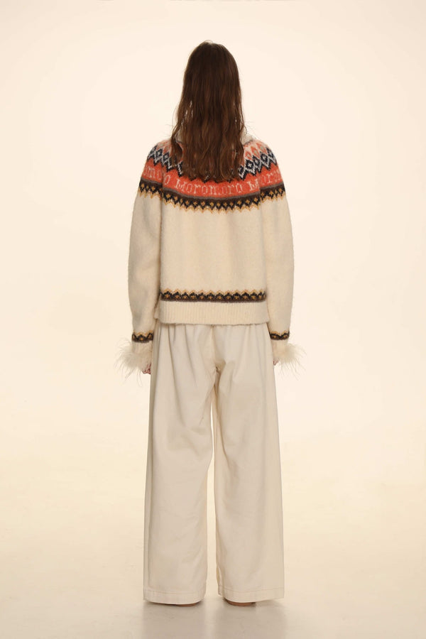 Retro Ostrich Feather Patchwork Round Neck Knitted Cardigan - COPPING THREADS - MOROMORO