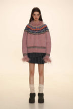 Retro Ostrich Feather Patchwork Round Neck Knitted Cardigan - COPPING THREADS - MOROMORO