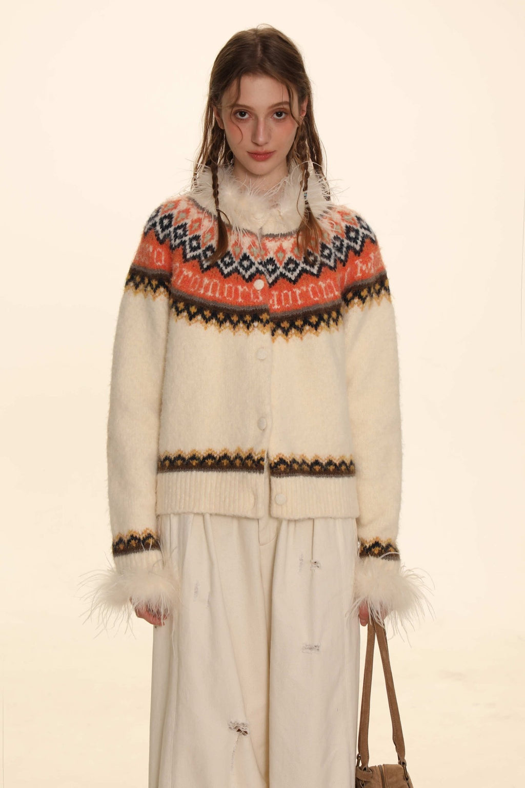 Retro Ostrich Feather Patchwork Round Neck Knitted Cardigan - COPPING THREADS - MOROMORO