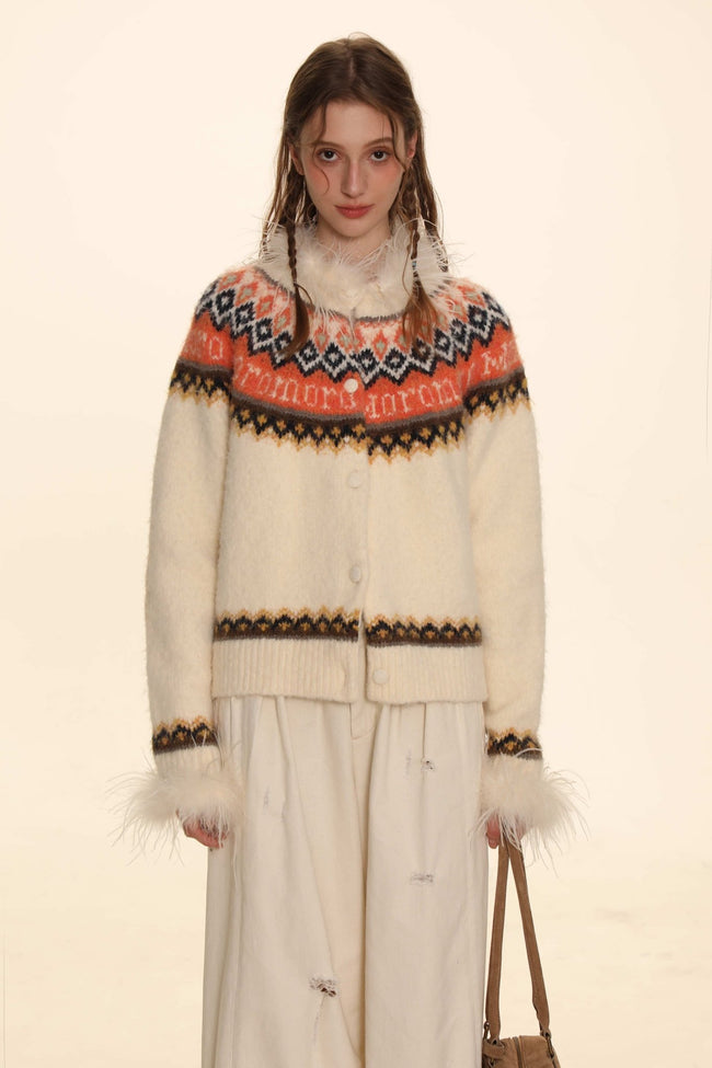 Retro Ostrich Feather Patchwork Round Neck Knitted Cardigan - COPPING THREADS - MOROMORO Hover Image