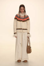 Retro Ostrich Feather Patchwork Round Neck Knitted Cardigan - COPPING THREADS - MOROMORO