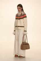 Retro Ostrich Feather Patchwork Round Neck Knitted Cardigan - COPPING THREADS - MOROMORO